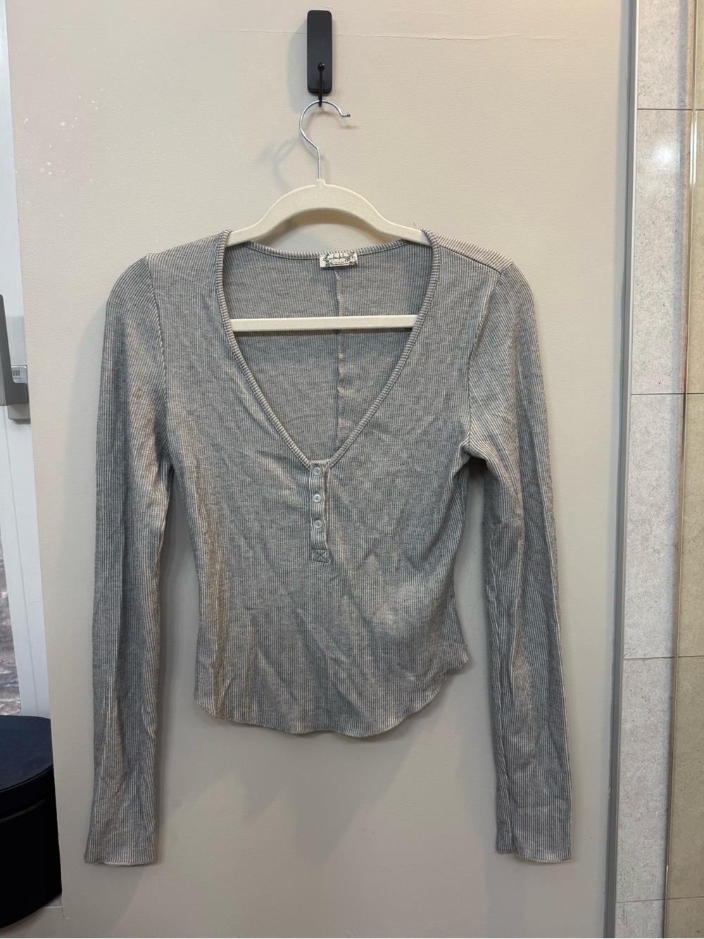 Free People Long Sleeve Ribbed Henley Gray Wide Neck S